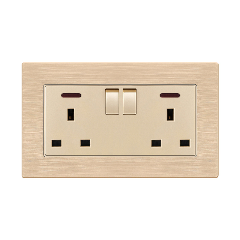 Aluminium Socket F71A-Double UK Socket With Switch With Indicator Light-Gold